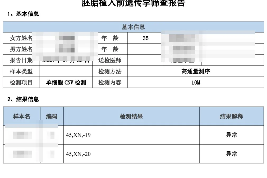外院 PGT 报告：两枚囊胚均异常（已脱敏）